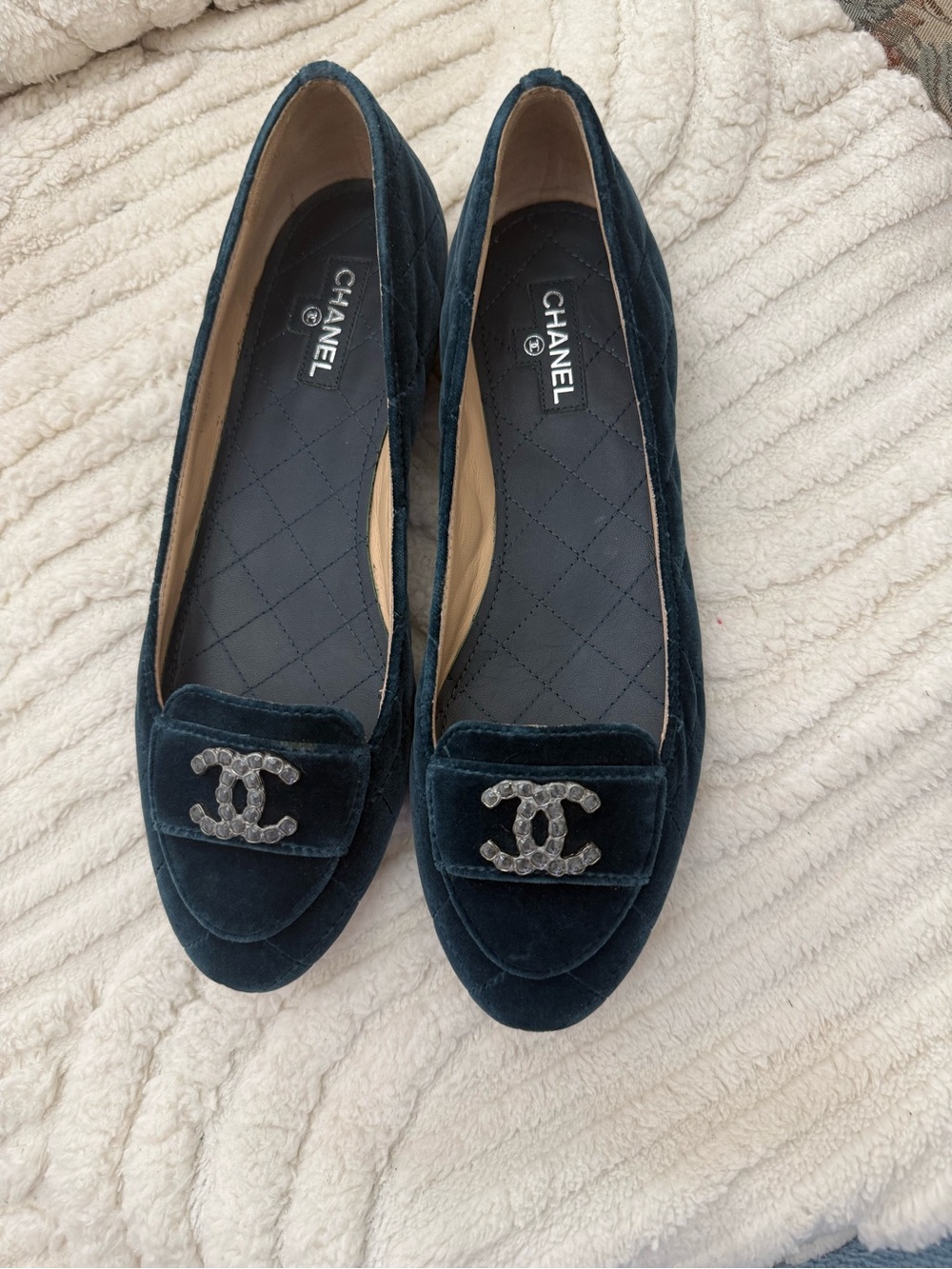 CHANEL Teal Velvet Loafers with Crystal CC Emblem